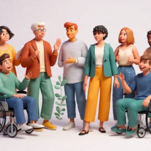 A diverse grouo of people including disabled and non disabled talking to each other